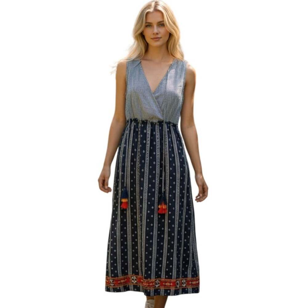 THML Boho Maxi Dress Womens Medium Mixed Print Embroidered Triple Tassel Midi